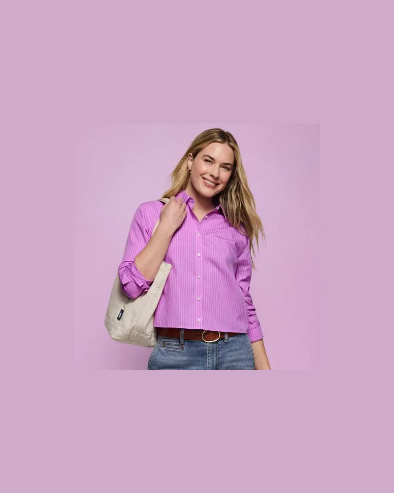 Lands' End Kurze, bügelfreie Hemdbluse, Damen, Größe regular, Pink, Baumwolle, by Pink