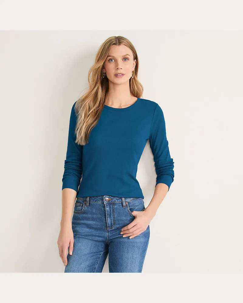 Lands' End Langarmshirt aus mikrofeinem Baumwollripp, Damen, Größe petite, Blau, Baumwolle/Elasthan, by Blau