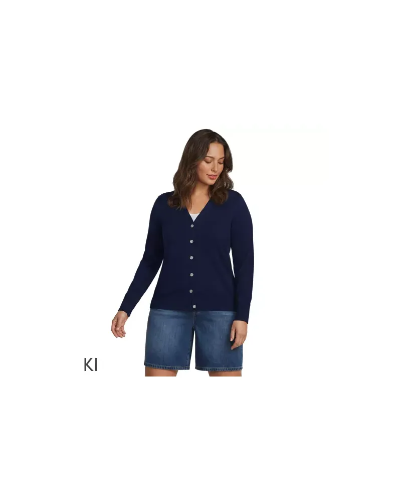 Lands' End Feinstrick-Baumwollcardigan mit unterlegtem Ausschnitt, Damen, Größe plus, Blau, Baumwolle, by Blau