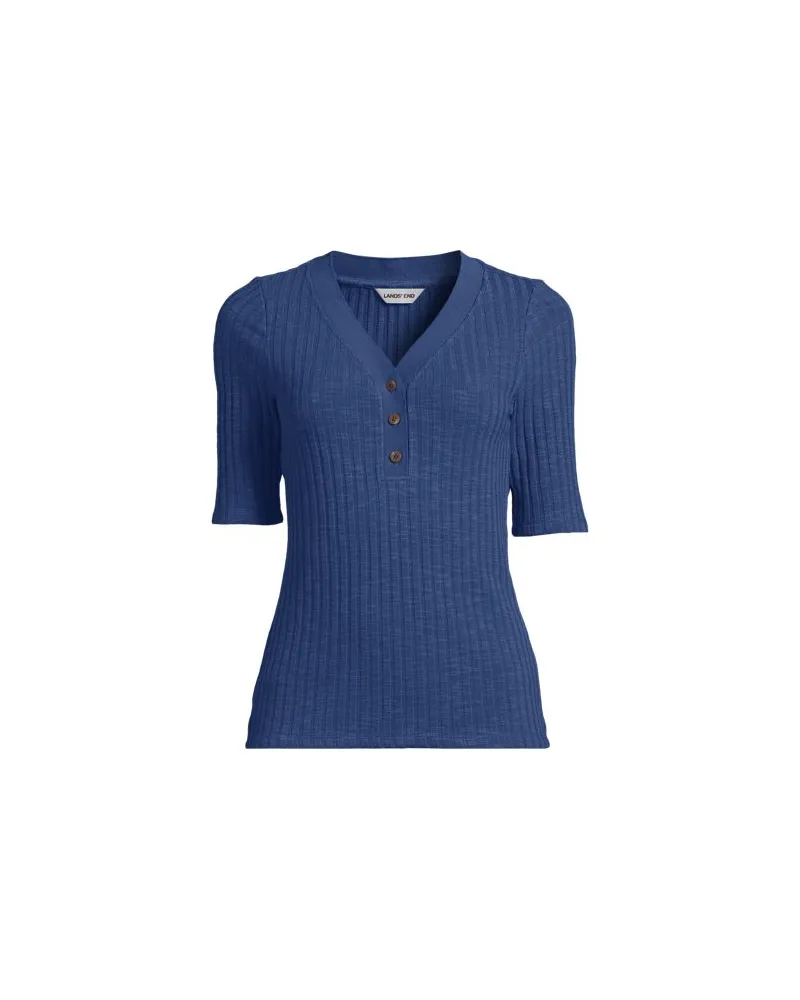 Lands' End Rippstrick-Henleyshirt mit halblangen Ärmeln, Damen, Größe plus, Blau, Elasthan/Baumwoll-Mischung/Polyester-Mischung, by Blau
