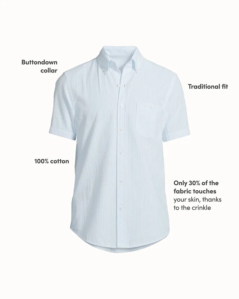 Lands' End Seersucker-Kurzarmhemd, Classic Fit, Herren, Größe regular, Blau, Baumwolle, by Blau