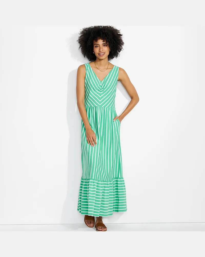 Lands' End Maxikleid aus Baumwolle/Modal-Mix mit V-Ausschnitt, Damen, Größe regular, Grün, Elasthan/Baumwoll-Mischung/Baumwolle Modal, by Grün