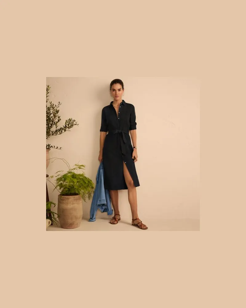Lands' End Leinen-Midikleid, Damen, Größe regular, Schwarz, by Schwarz