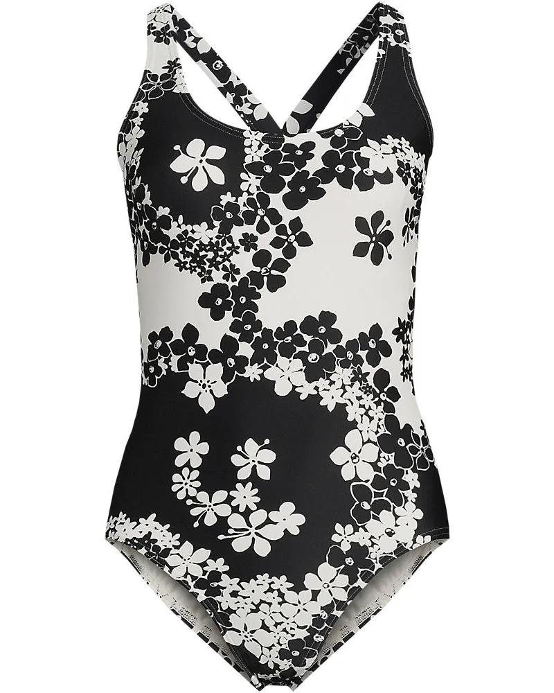 Lands' End Komfort-Badeanzug mit gekreuzten Trägern, hohes Bein, Damen, Größe regular, Schwarz, Nylon-Mischung, by Schwarz