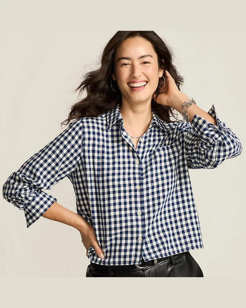 Lands' End Verkürzte Flanellbluse, Damen, Größe regular, Blau, Baumwolle, by Blau