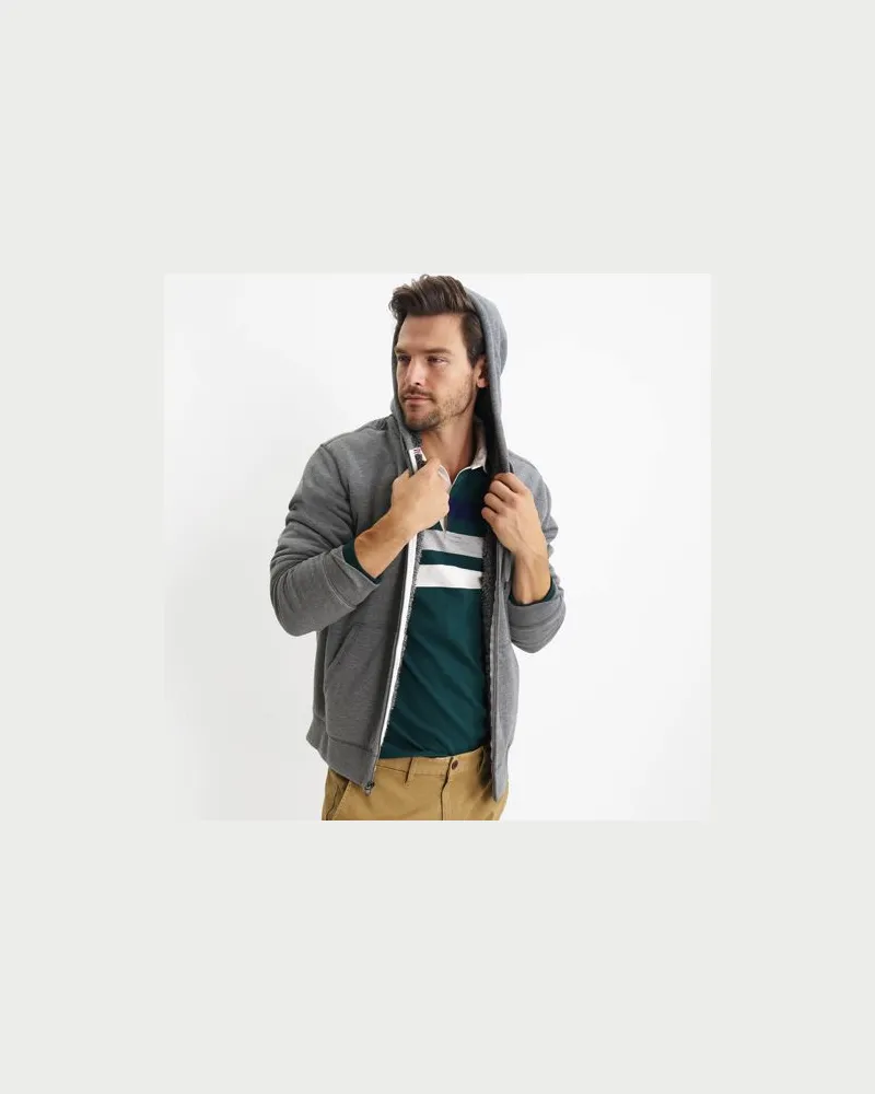Lands' End Sweat-Kapuzenjacke mit Teddyfleece-Innenseite, Herren, Größe:52-54 regular, Grau, Elasthan/Baumwoll-Mischung, by Grau