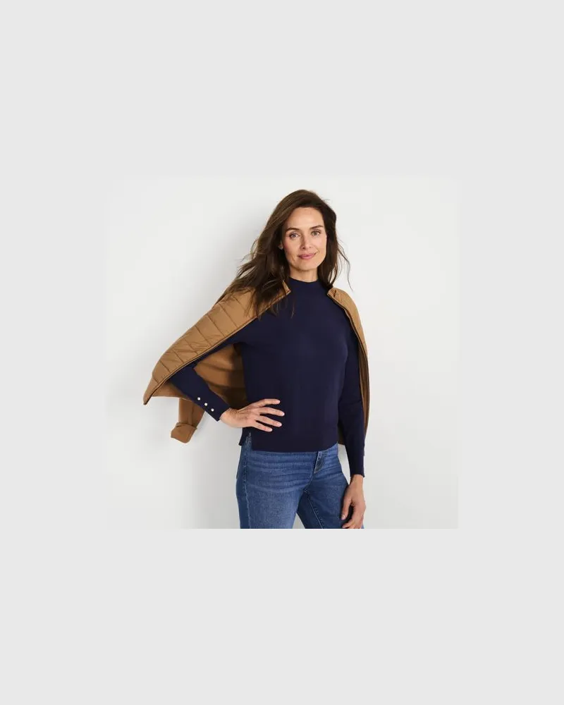 Lands' End Stehkragenpullover mit Ärmelknöpfen, Damen, Größe:44-46 petite, Blau, by Blau