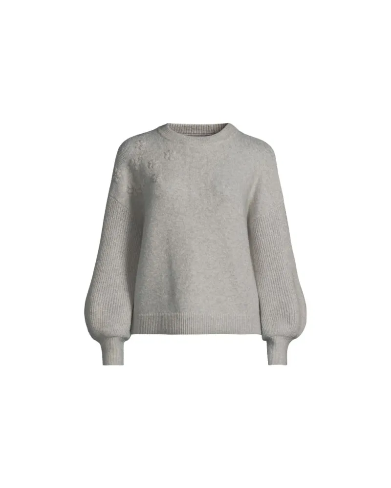 Lands' End Rundhalspullover mit aufgestickten Blumen, Damen, Größe:40-42 petite, Weiß, Wolle/Polyester/Viskose, by Weiß