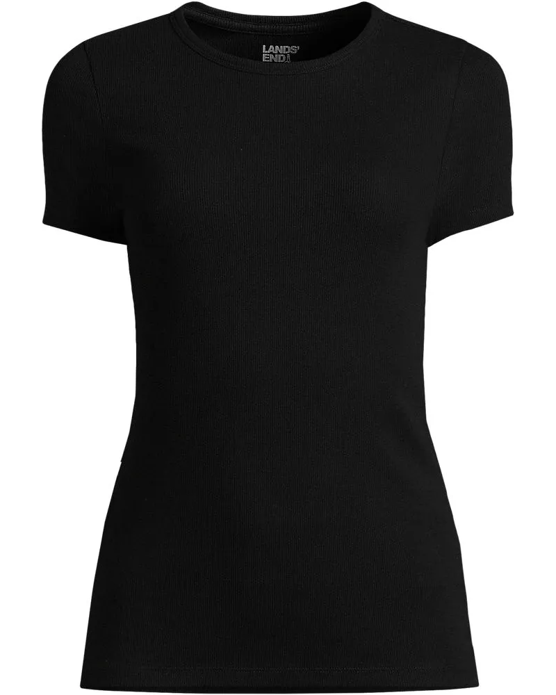 Lands' End Feinripp-Shirt mit Rundhalsausschnitt und kurzen Ärmeln, Damen, Größe plus, Schwarz, Baumwolle/Elasthan, by Schwarz