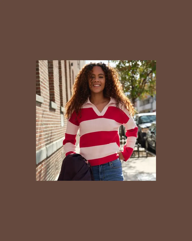 Lands' End Feinstrick-Polopullover mit Rugbystreifen, Damen, Größe petite, Rot, Baumwolle, by Rot