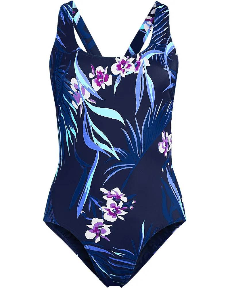 Lands' End Komfort-Badeanzug mit gekreuzten Trägern, hohes Bein,, Damen, Größe plus, Blau, Nylon-Mischung, by Blau