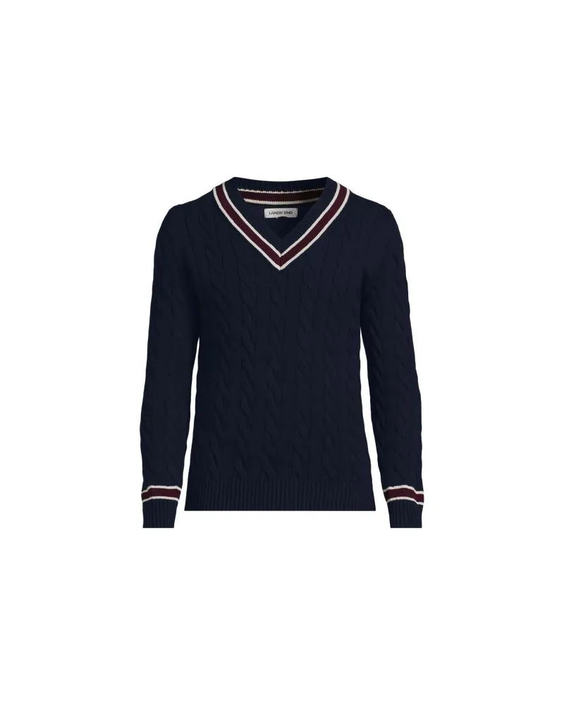 Lands' End Drifter Zopfmusterpullover mit V-Ausschnitt, Herren, Größe regular, Blau, Baumwolle, by Blau