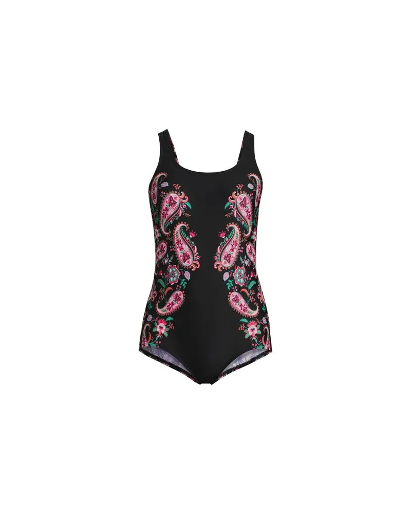 Lands' End Gemusterter Komfort-Badeanzug CHLORRESISTENT mit Soft Cups, Damen, Größe regular, Schwarz, Nylon-Mischung, by Schwarz