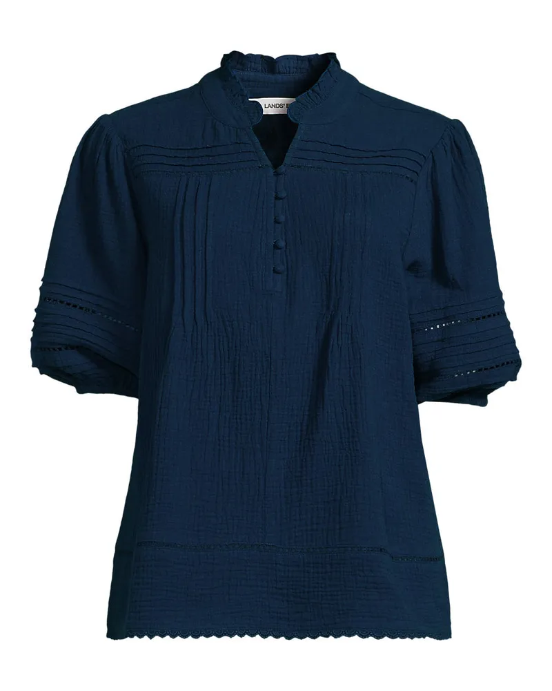 Lands' End Musselin-Bluse mit Leiterborte, Damen, Größe regular, Blau, Baumwolle, by Blau