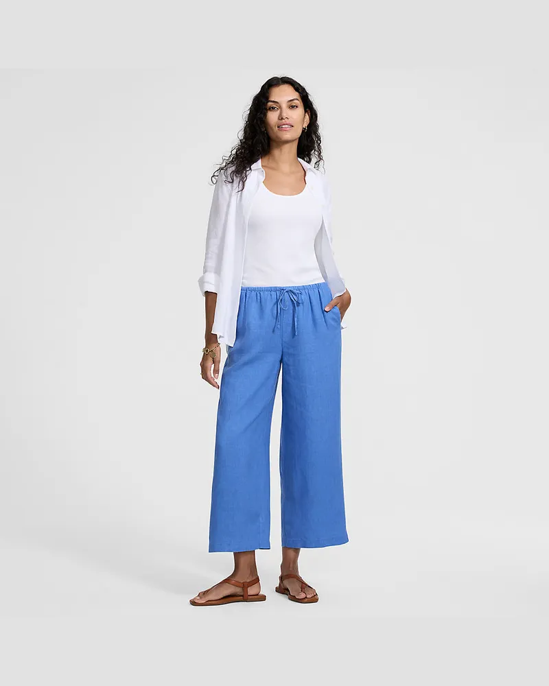 Lands' End Weite Premium Reinleinen-Schlupfhose in 7/8-Länge, Damen, Größe regular, Blau, Leinen, by Blau