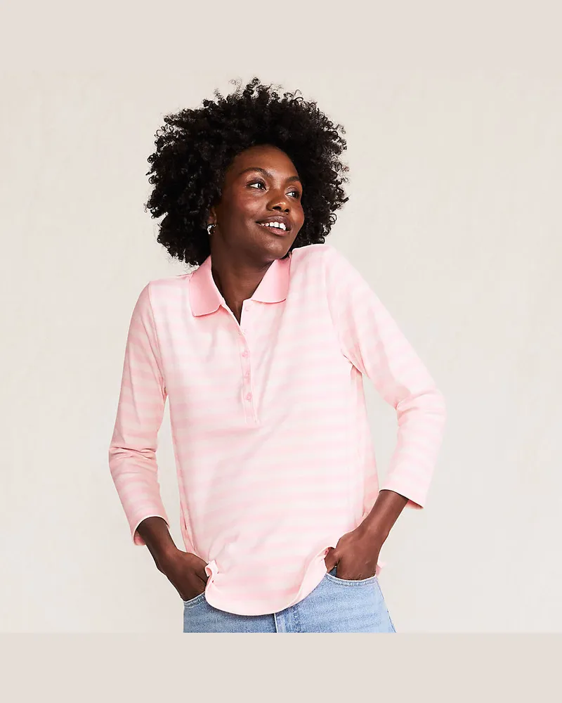 Lands' End Supima-Poloshirt mit 3/4-Ärmeln, Damen, Größe regular, Pink, Baumwolle, by Pink