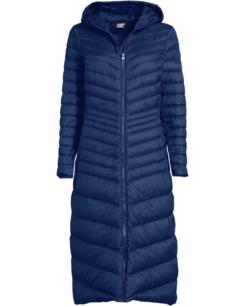 Lands' End Ultraleichter Maxi-Daunenmantel mit Kapuze WANDERWEIGHT, Damen, Größe petite, Blau, Nylon/Daunen, by Blau