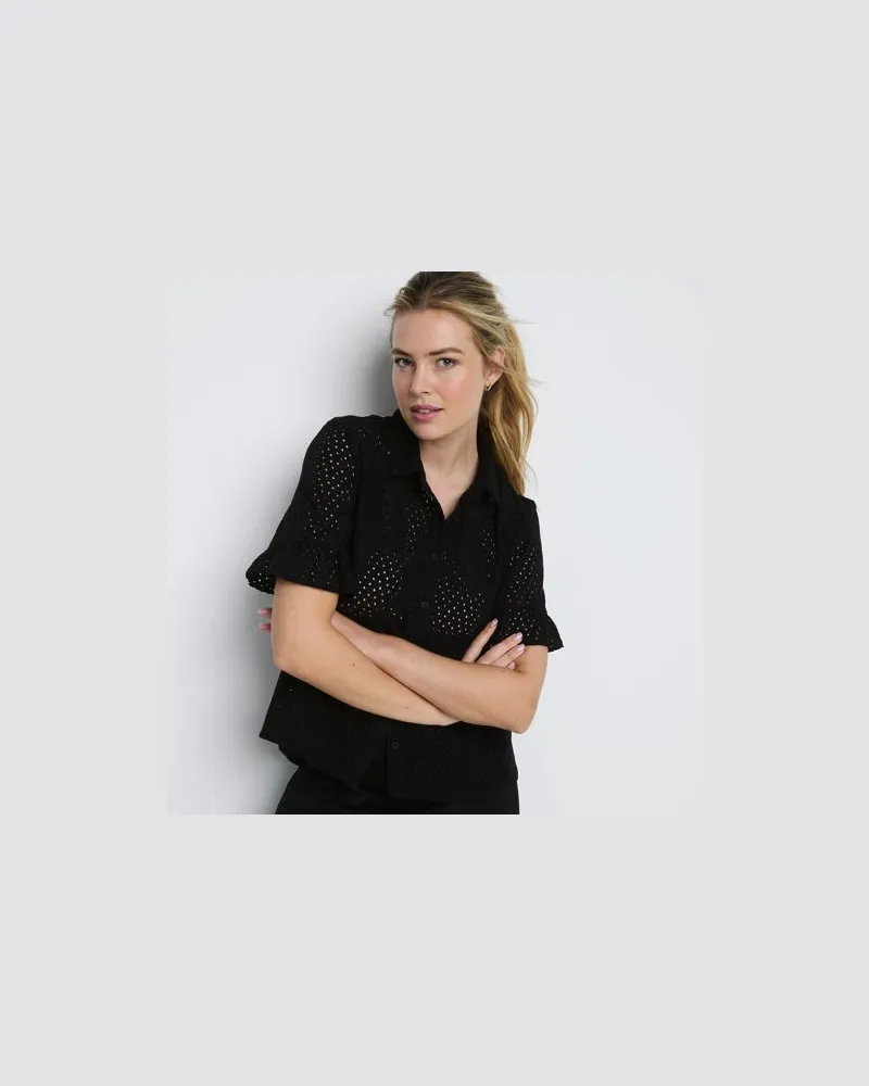 Lands' End Lochmuster-Bluse mit Rüschenärmeln, Damen, Größe:44-46 regular, Schwarz, Baumwolle, by Schwarz