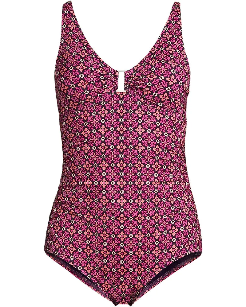 Lands' End Badeanzug mit Ringdetail und V-Ausschnitt, Damen, Größe regular, Lila, Nylon-Mischung, by Lila