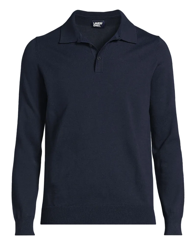 Lands' End Feinstrick-Polopullover aus reiner Baumwolle, Herren, Größe regular, Blau, Baumwolle, by Blau