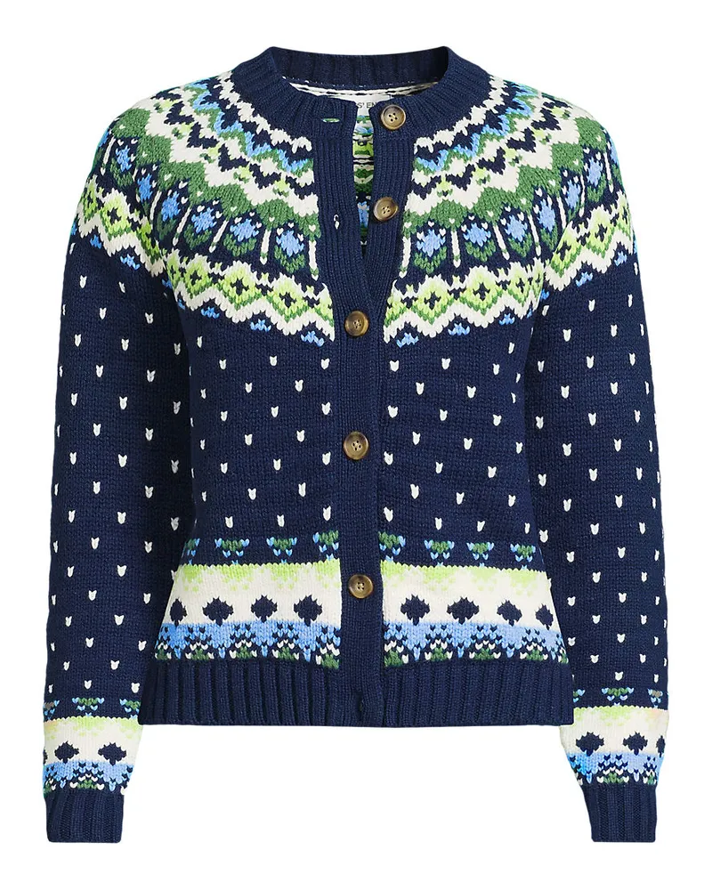 Lands' End Fair Isle Cardigan aus Baumwollmix, Damen, Größe plus, Blau, Polyacryl/Schurwolle/Baumwoll-Mischung, by Blau