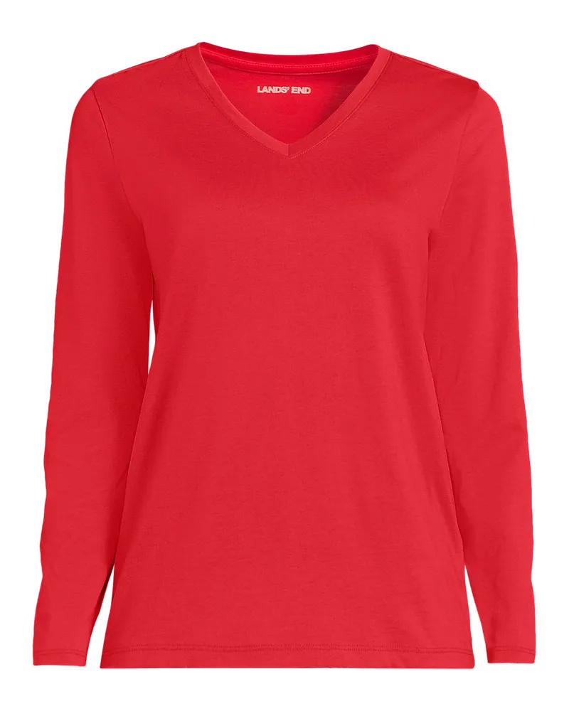 Lands' End Supima® Langarm-Shirt mit V-Ausschnitt, Damen, Größe regular, Rot, Baumwolle, by Rot