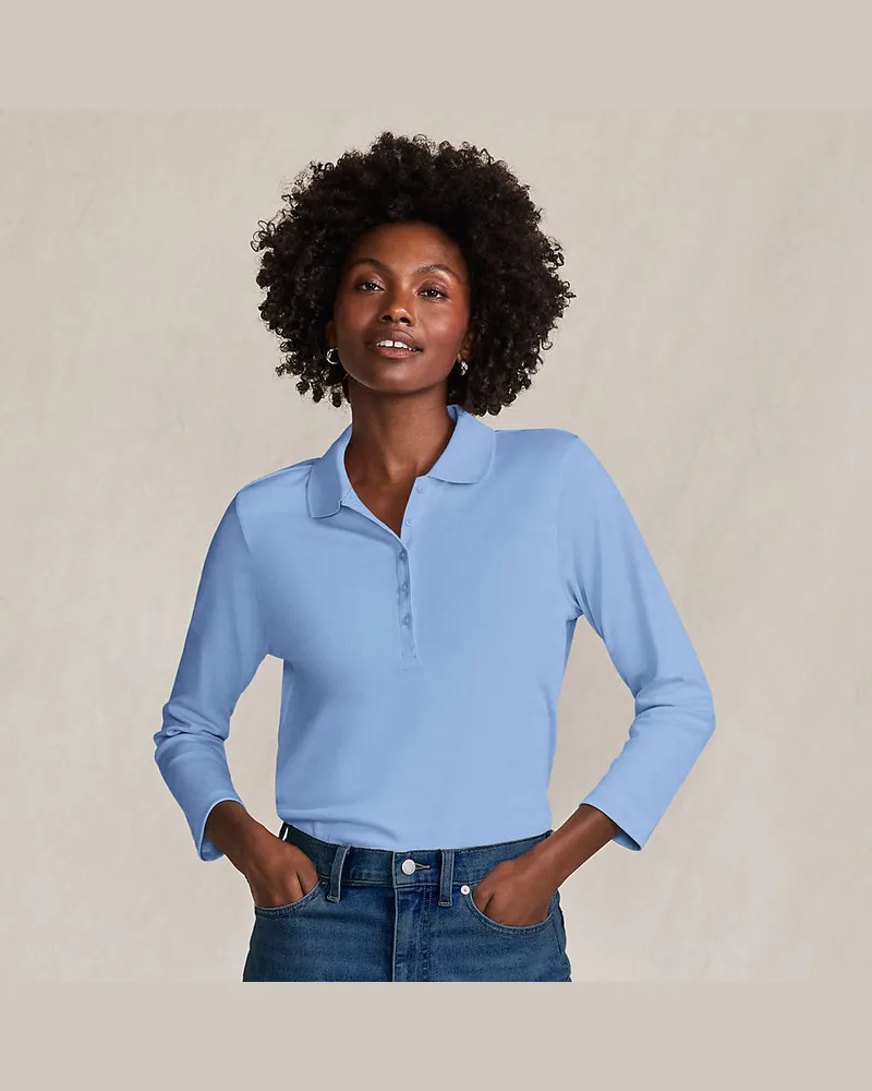 Lands' End Supima Poloshirt mit 3/4-Ärmeln, Damen, Größe regular, Blau, Baumwolle, by Blau
