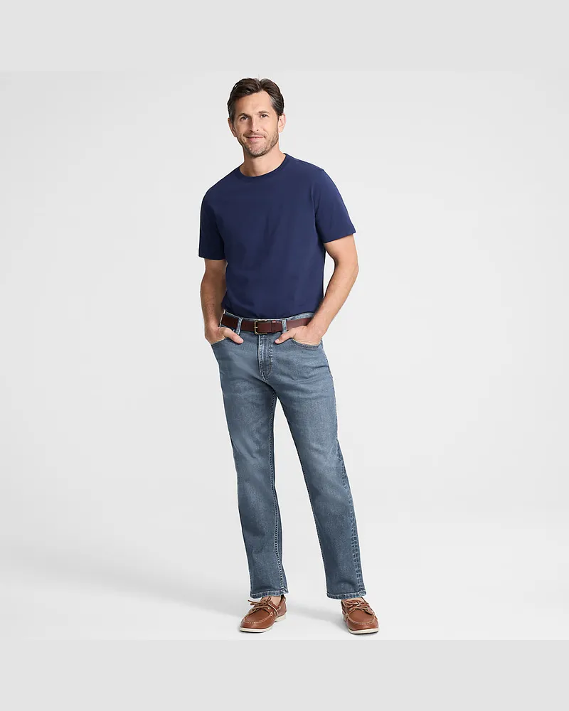Lands' End All-Day CoolMax Straight Fit Stretch-Jeans, Herren, Größe regular, Blau, by Blau