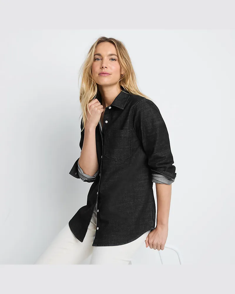 Lands' End Denim-Bluse mit Stretch, Damen, Größe regular, Schwarz, Baumwoll-Mischung/Polyester-Mischung, by Schwarz