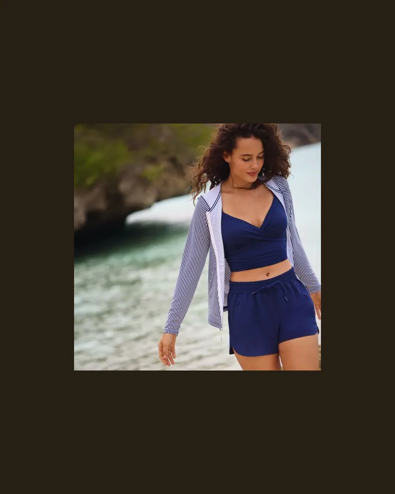 Lands' End Kurzes Tankinitop mit V-Ausschnitt, Damen, Größe regular, Blau, Elasthan/Nylon-Mischung, by Blau