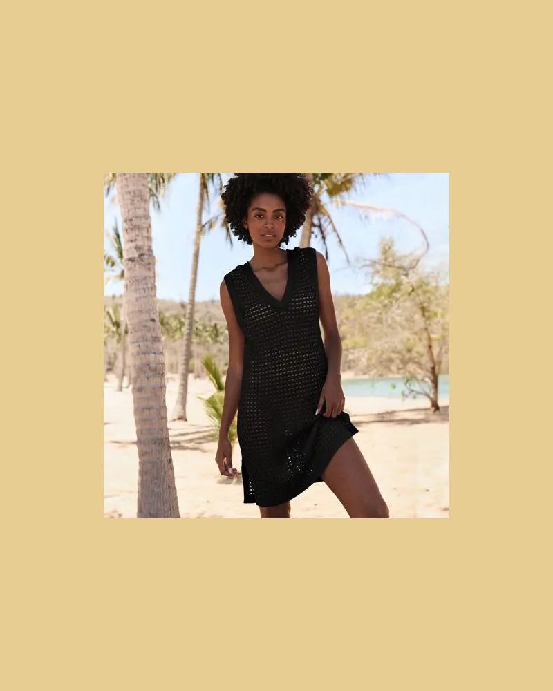 Lands' End Strick-Strandkleid mit V-Ausschnitt, Damen, Größe:40-42 regular, Schwarz, Baumwolle, by Schwarz