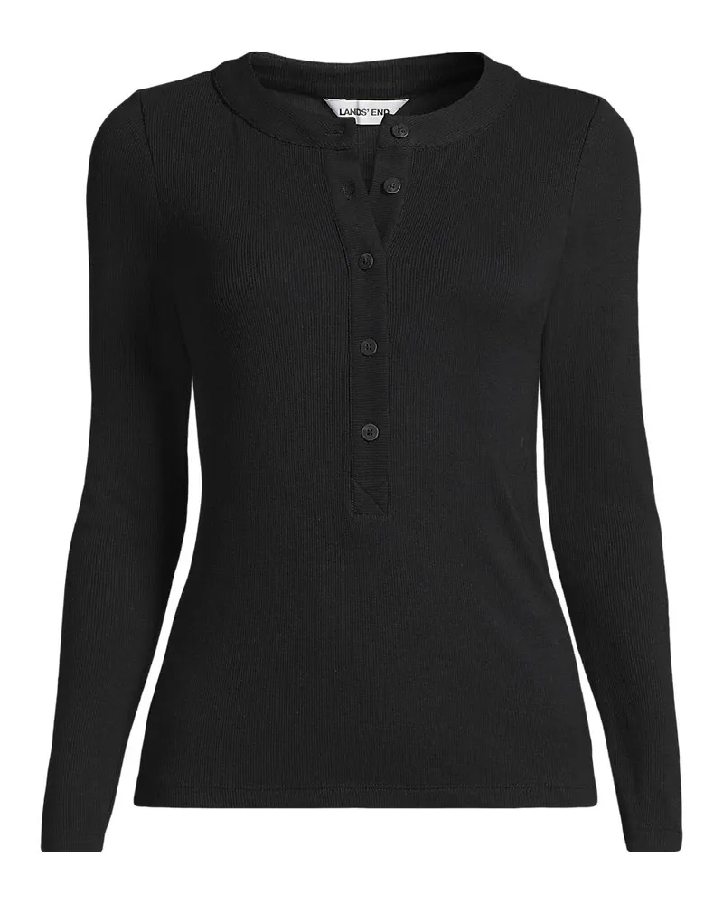 Lands' End Langarm-Henleyshirt aus Ripp-Jersey, Damen, Größe regular, Schwarz, Viskose-Mischung/Polyester-Mischung, by Schwarz