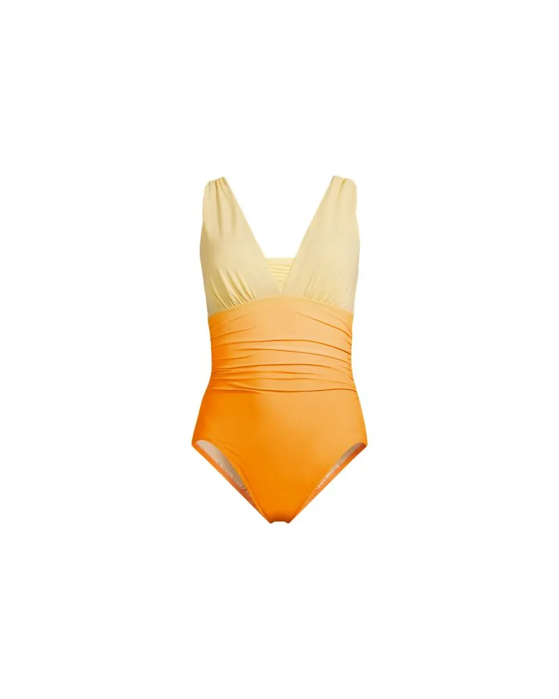 Lands' End Gemusterter Shape-Badeanzug mit V-Ausschnitt SLENDER, Damen, Größe plus, Orange, Elasthan/Nylon-Mischung, by Orange