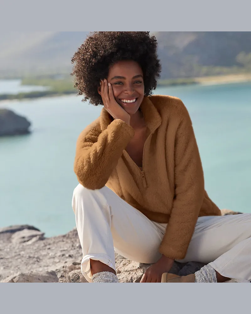 Lands' End Plüschfleece-Pullover mit Reißverschluss, Damen, Größe regular, Beige, Polyester, by Beige