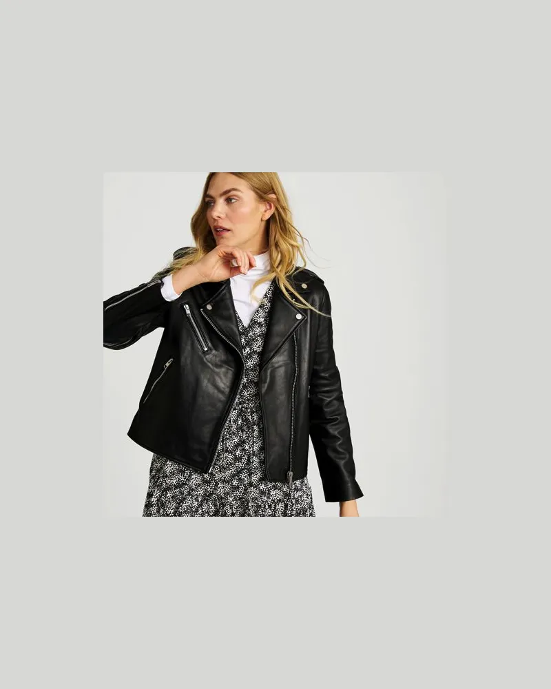 Lands' End Leder-Bikerjacke, Damen, Größe regular, Schwarz, Leder, by Schwarz