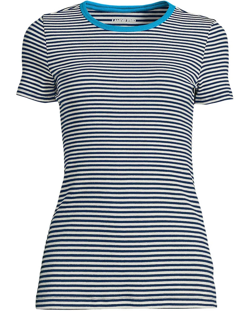 Lands' End Feinripp-Shirt mit Rundhalsausschnitt und kurzen Ärmeln, Damen, Größe petite, Blau, Baumwolle/Elasthan, by Blau