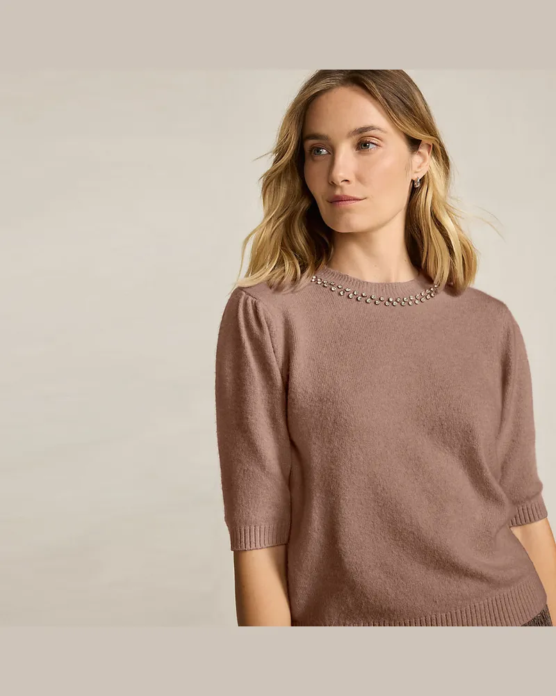 Lands' End Kurzarm-Pullover Wool Touch mit Strassverzierung, Damen, Größe petite, Braun, Wolle/Polyester/Viskose, by Braun