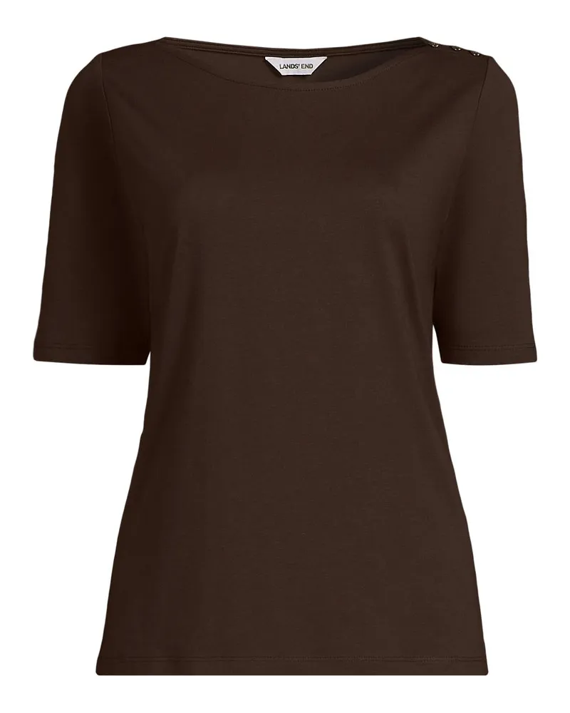 Lands' End Supima T-Shirt mit U-Boot-Ausschnitt und geknöpfter Schulter, Damen, Größe regular, Braun, Baumwolle, by Braun