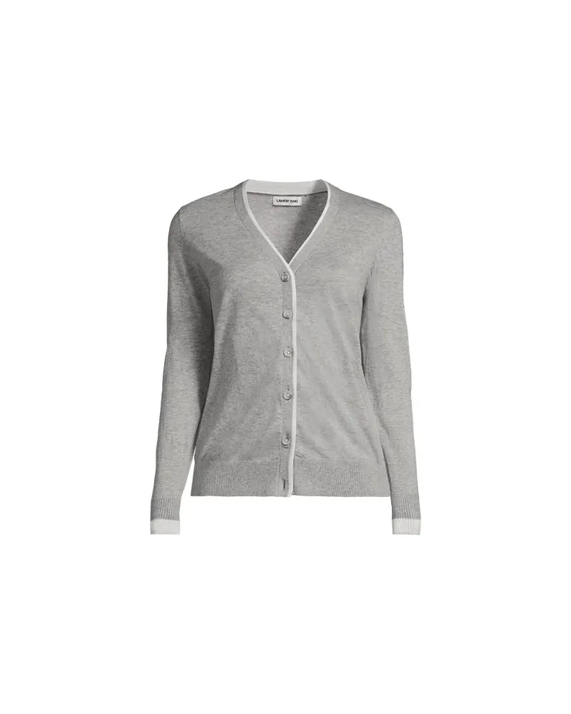 Lands' End Feinstrick-Baumwollcardigan mit unterlegtem Ausschnitt, Damen, Größe plus, Grau, Baumwolle, by Grau