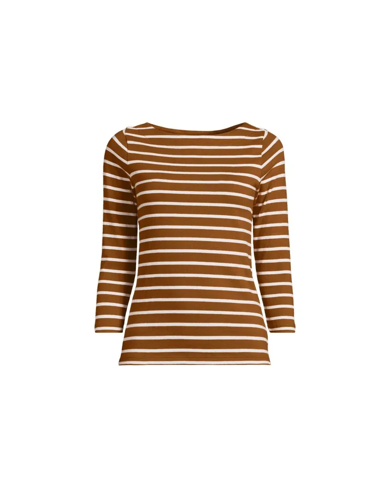 Lands' End Gestreiftes Baumwollshirt mit 3/4-Ärmeln, Damen, Größe plus, Braun, Baumwolle, by Braun