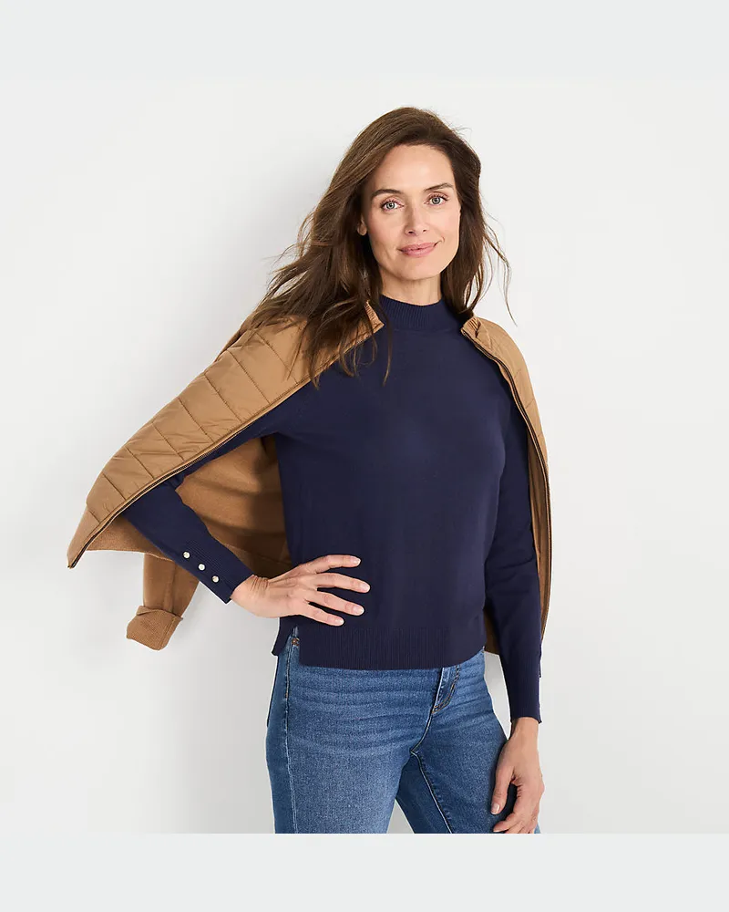 Lands' End Stehkragenpullover mit Ärmelknöpfen, Damen, Größe regular, Blau, Polyester/Nylon/Viskose, by Blau