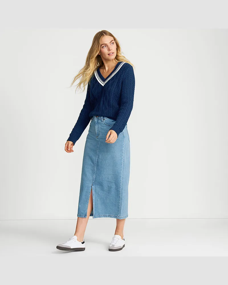 Lands' End Soft Denim Bleistift-Midirock, Damen, Größe regular, Blau, Elasthan/Baumwoll-Mischung, by Blau