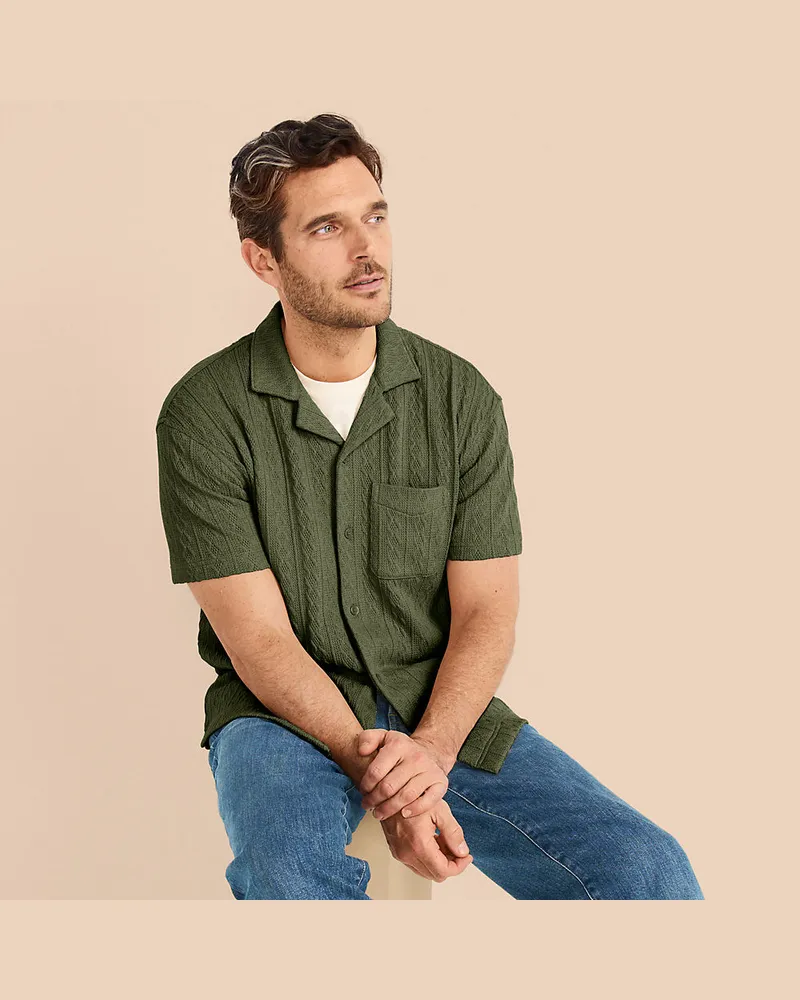 Lands' End Struktur-Jerseyshirt, Herren, Größe regular, Grün, Elasthan/Baumwoll-Mischung/Polyester-Mischung, by Grün
