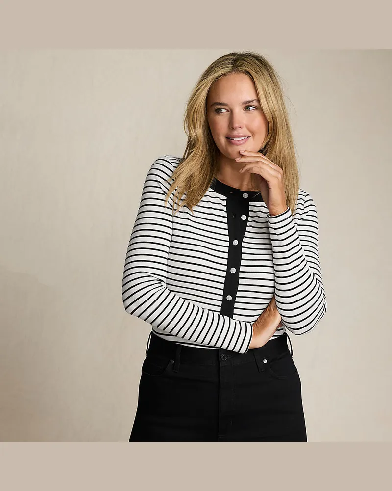 Lands' End Langarm-Henleyshirt aus Ripp-Jersey, Damen, Größe plus, Weiß, Viskose-Mischung/Polyester-Mischung, by Weiß