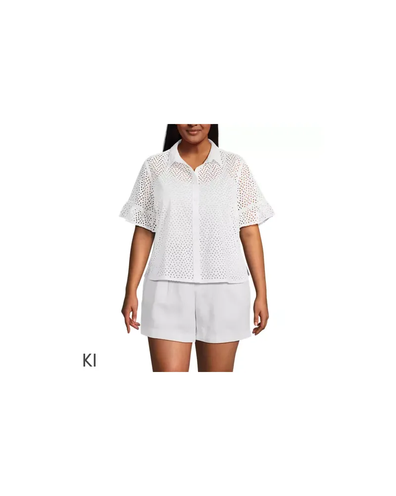 Lands' End Lochmuster-Bluse mit Rüschenärmeln, Damen, Größe plus, Weiß, Baumwolle, by Weiß