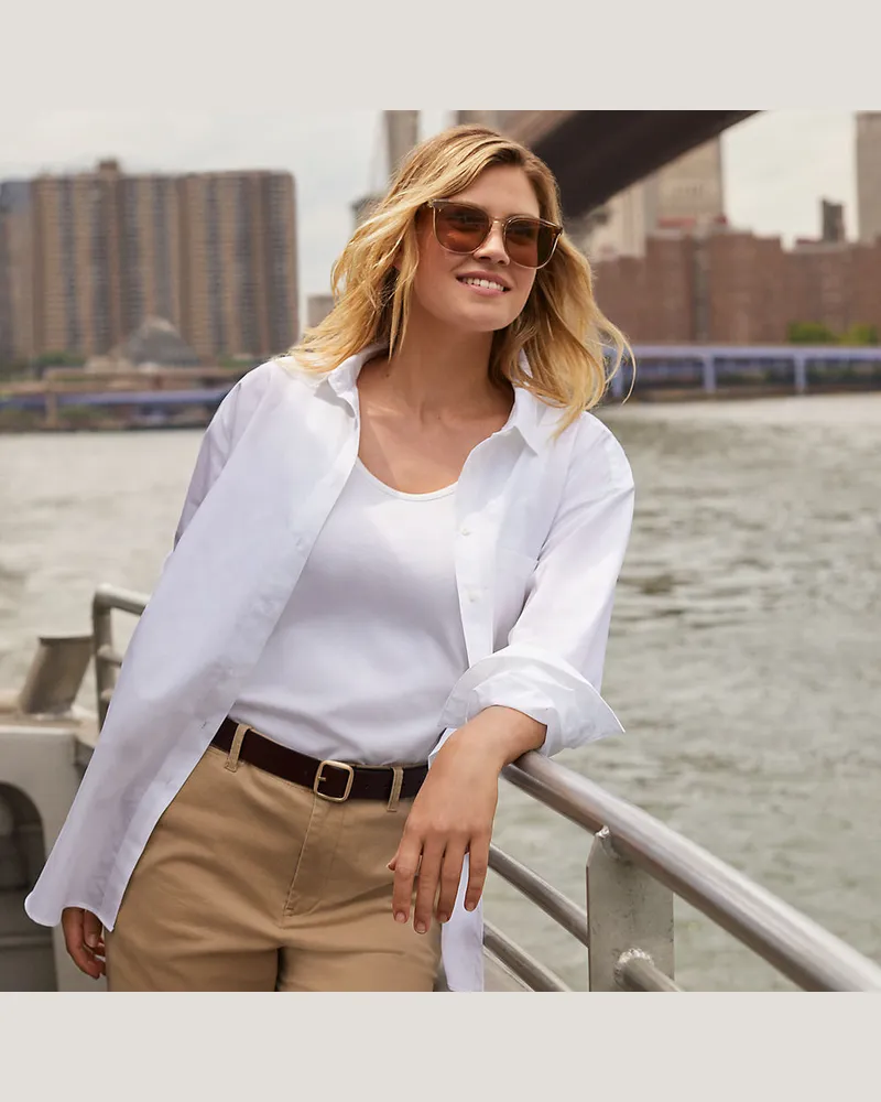 Lands' End Bügelfreie, lange Baumwoll-Hemdbluse, Damen, Größe regular, Weiß, Baumwolle, by Weiß