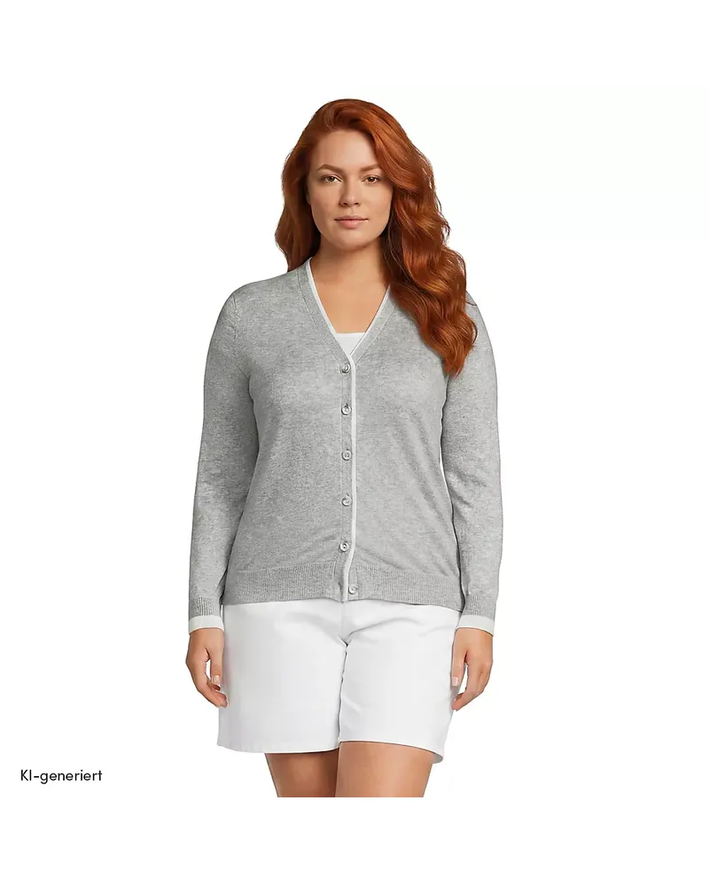 Lands' End Feinstrick-Baumwollcardigan mit unterlegtem Ausschnitt, Damen, Größe plus, Grau, Baumwolle, by Grau