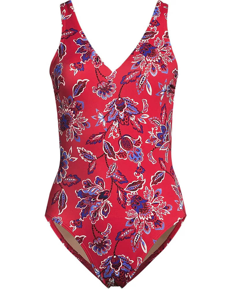 Lands' End Komfort-Badeanzug mit V-Ausschnitt, hohes Bein, Damen, Größe regular, Rot, Nylon-Mischung, by Rot