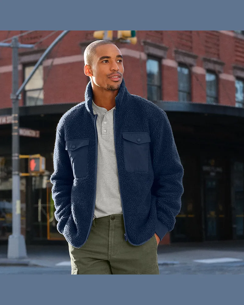 Lands' End Sherpa-Fleece-Hemdjacke, Herren, Größe regular, Blau, Polyester, by Blau