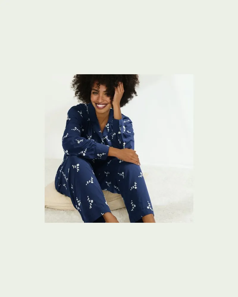 Lands' End Besticktes Pyjama Set aus Baumwoll-Jersey, Damen, Größe regular, Blau, Baumwolle, by Blau